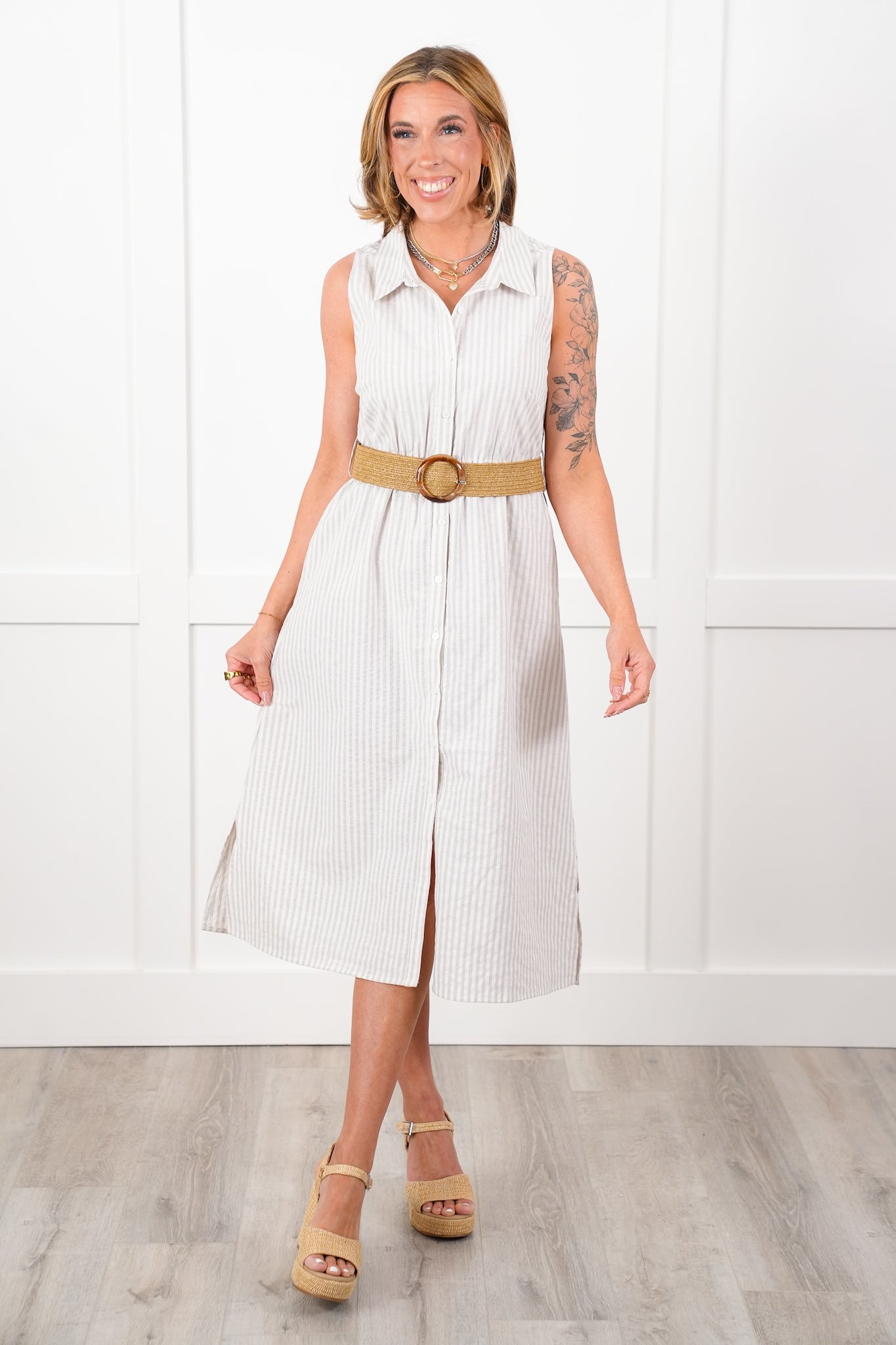 Plus/Reg Sleeveless Stripe Button Down Belted Maxi Dress