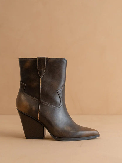 Restock! Distressed Vegan Leather Western Ankle Boots with Pointed Toe