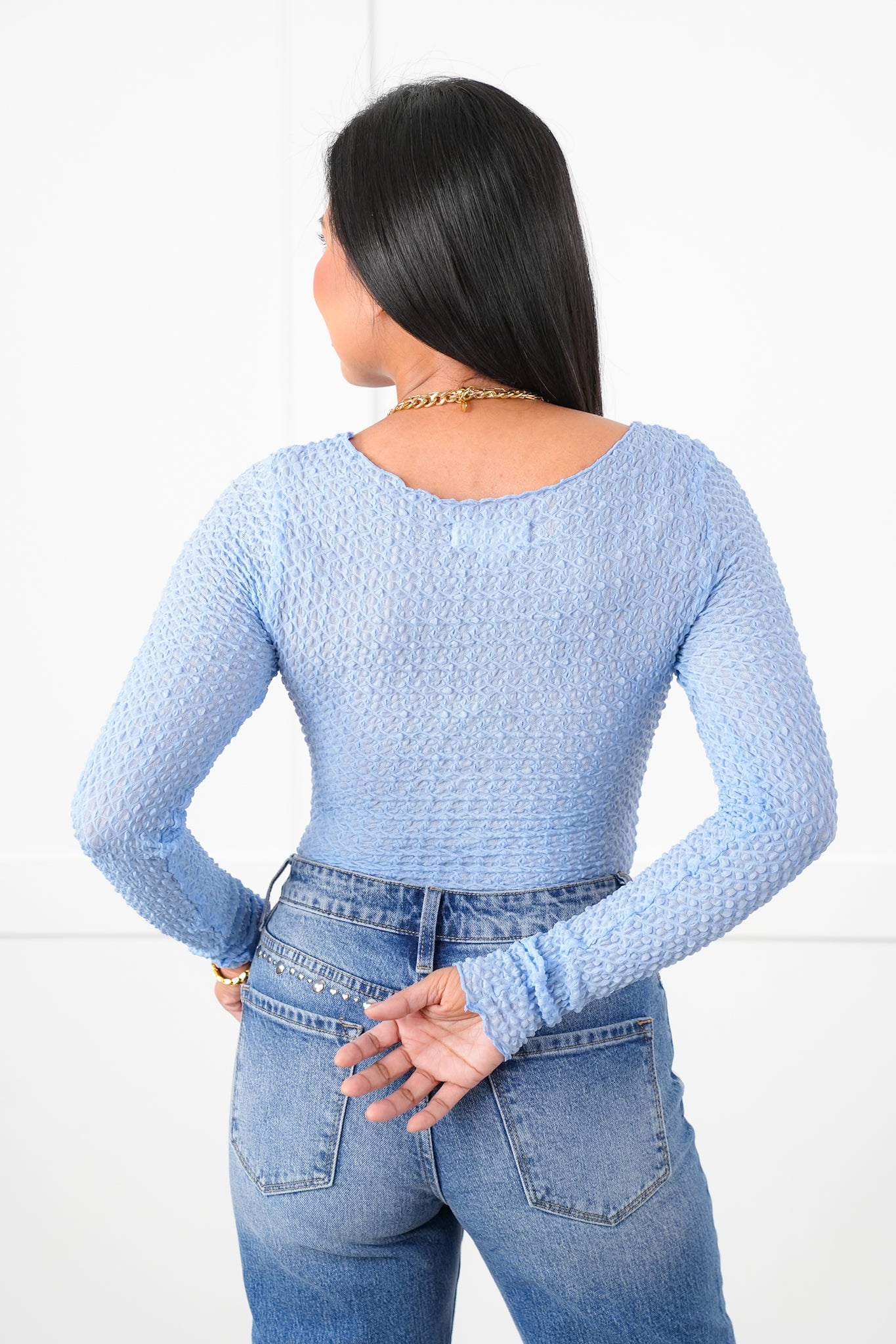Textured Long Sleeve Top with Ruched Detail