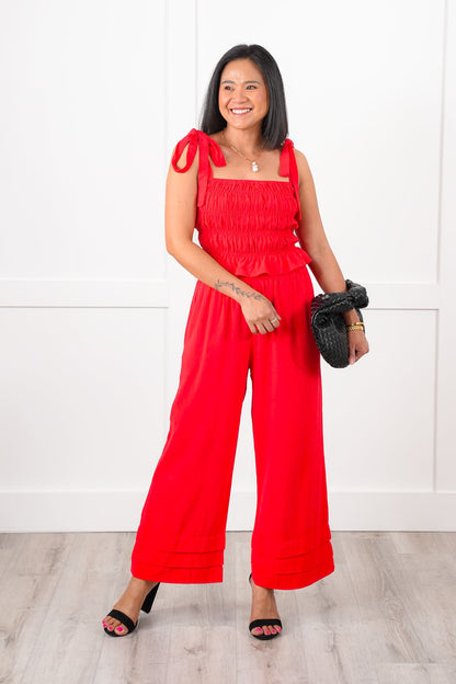 Linen Blend Elastic Waist Ankle Pants with Ruffle Detail
