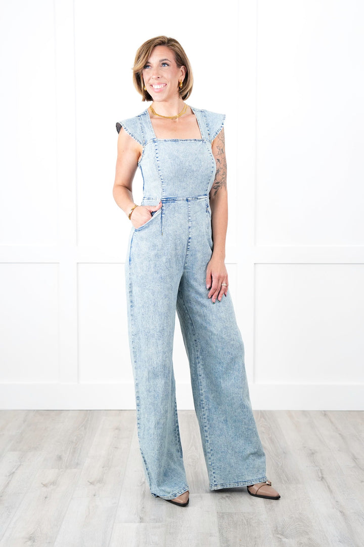 Plus/Reg Denim Sleeveless Jumpsuit with Smocked Back and Peek-a-Boo Detail