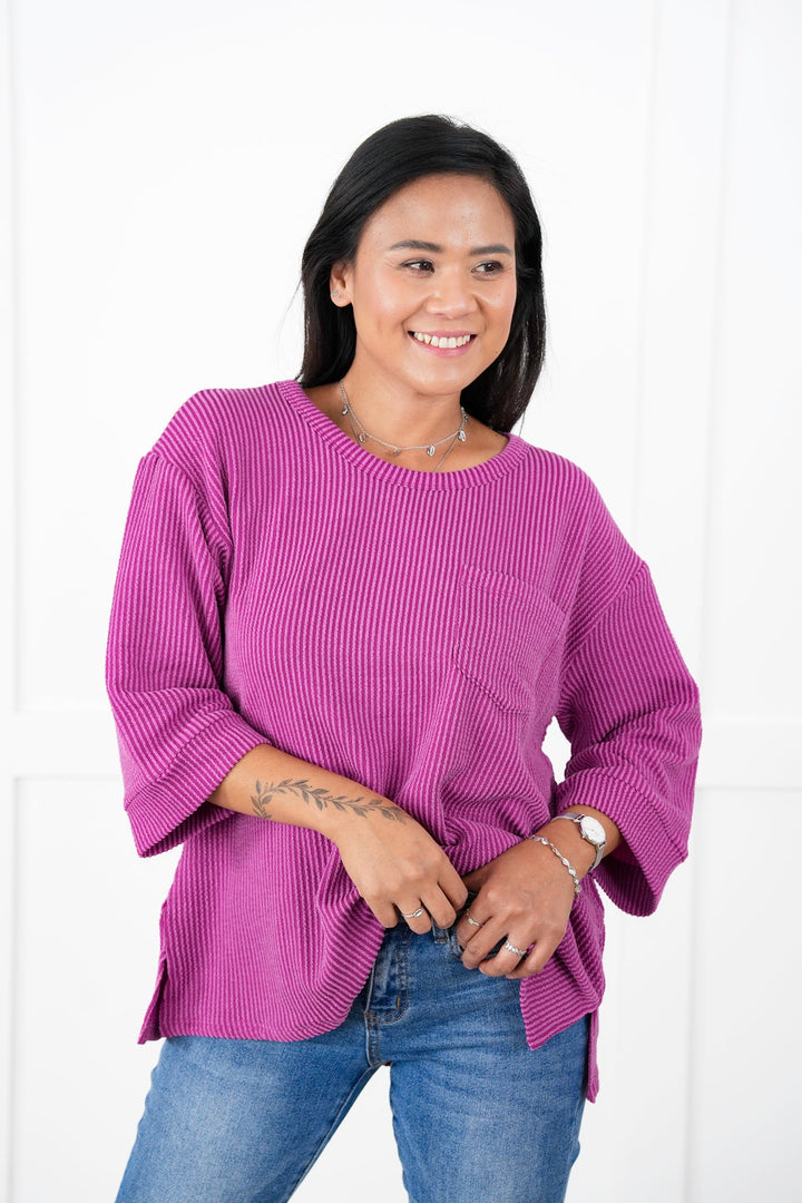 Door Buster! Plus/Reg Ribbed 3/4 Sleeve Top with Chest Pocket