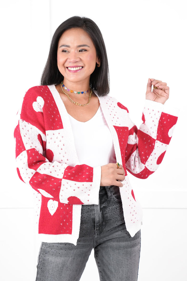 Restock! Heart Print Color Block Long Sleeve Open Cardigan Sweater