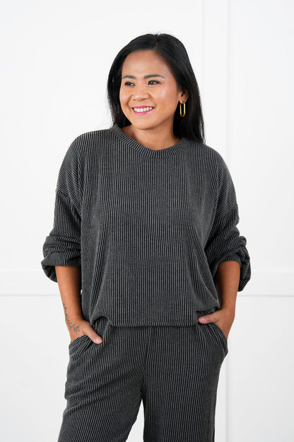 Ribbed Long Sleeve Round Top With Elastic Waistband Lounge Pant Set (Multiple Colors)