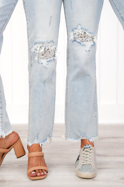 Risen High Rise Acid Wash Sequin Knee Patches Relaxed Straight Leg Jeans