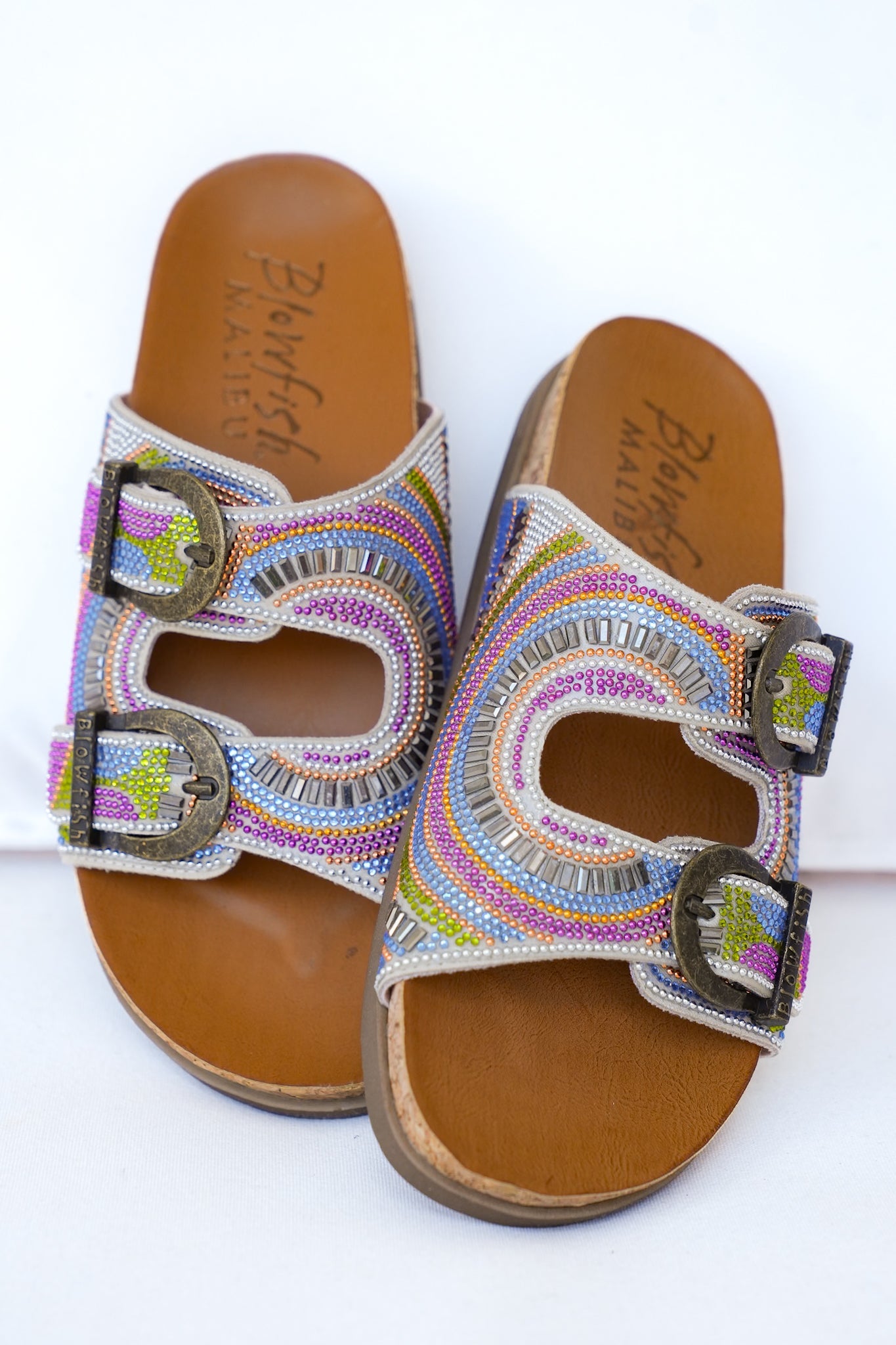 Restock! Blowfish Multicolor Embellished Cork Slide Sandals with Adjustable Buckle Detail
