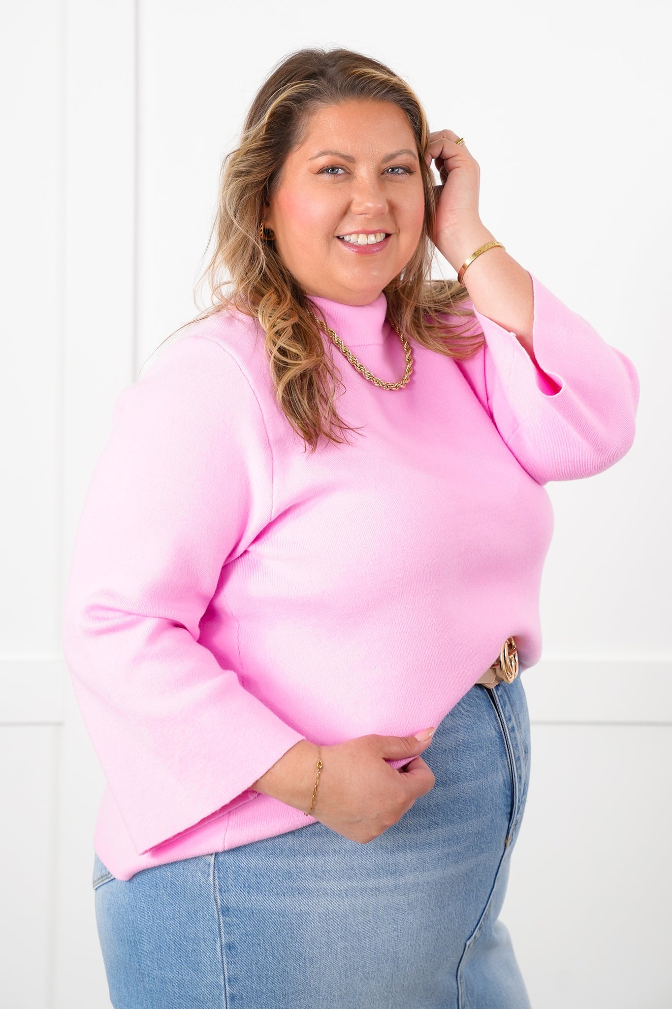 Solid 3/4 Bell Sleeve Mock Neck Knit Top
