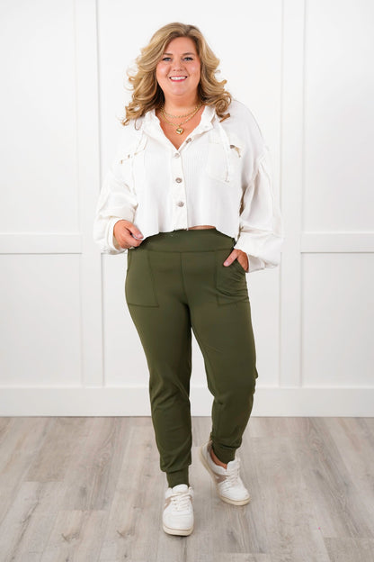 Plus/Reg Solid Elastic High Waisted Joggers