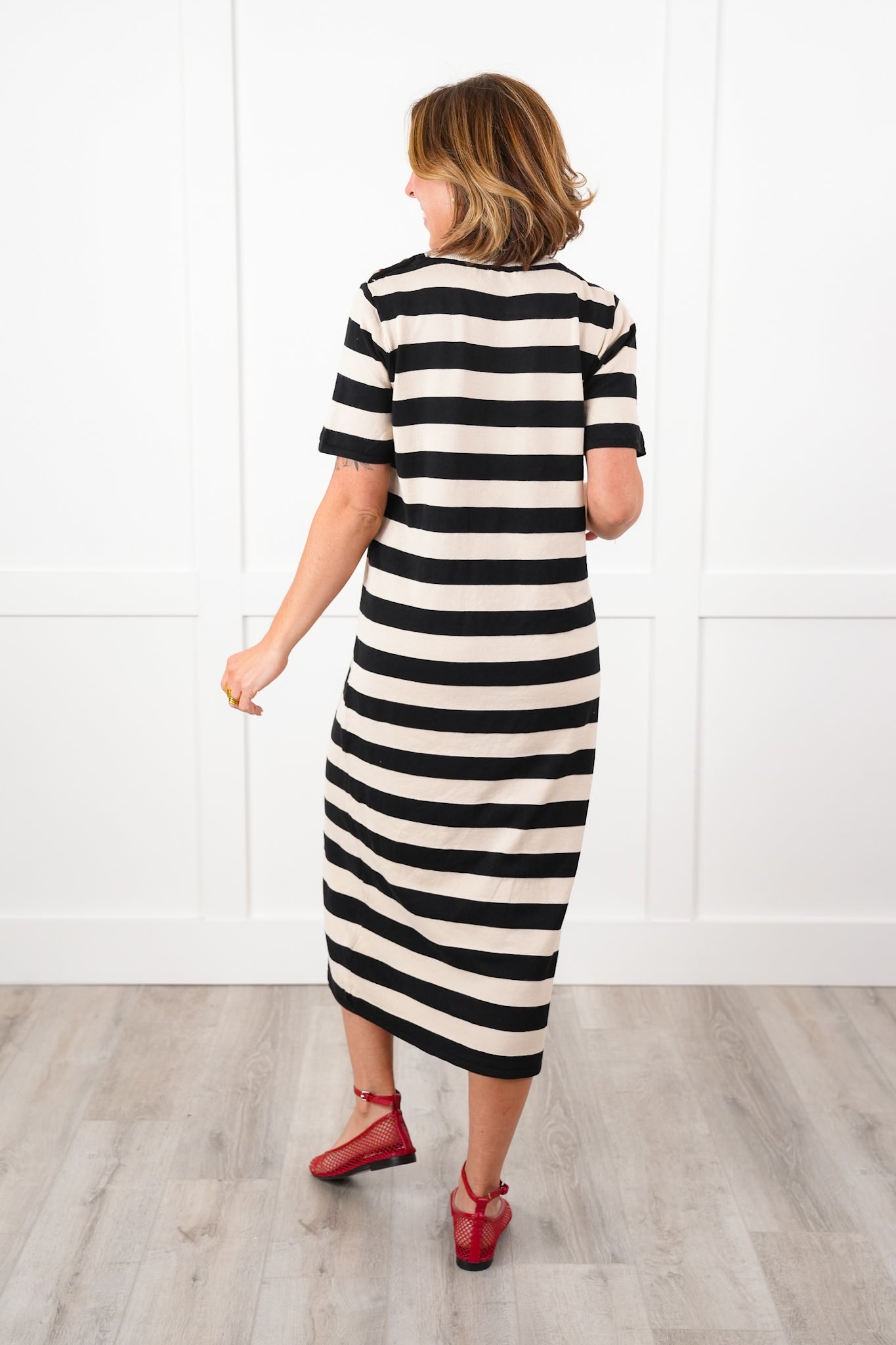 Wide Stripe Short Sleeve Crew Neck Knit Dress with Button Detail