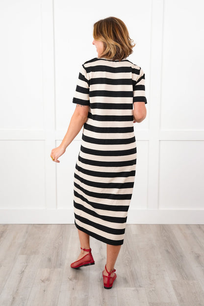 Wide Stripe Short Sleeve Crew Neck Knit Dress with Button Detail