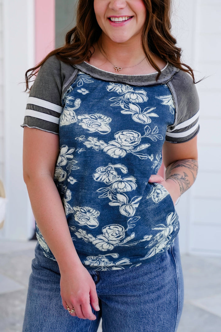 Raglan Short Sleeve Top with Floral Print Detail