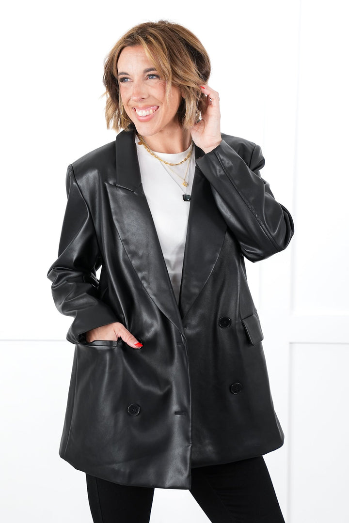 Black Vegan Leather Oversized Blazer with Patch Pocket Detail