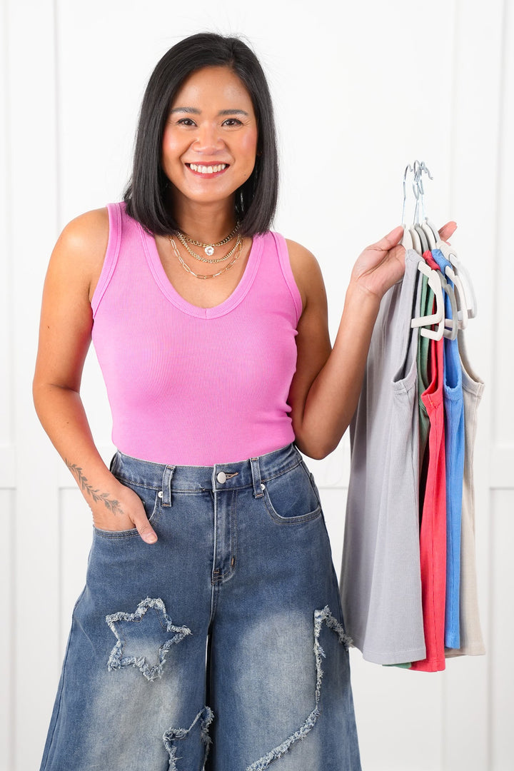 Solid Ribbed Knit V Neck Tank Top