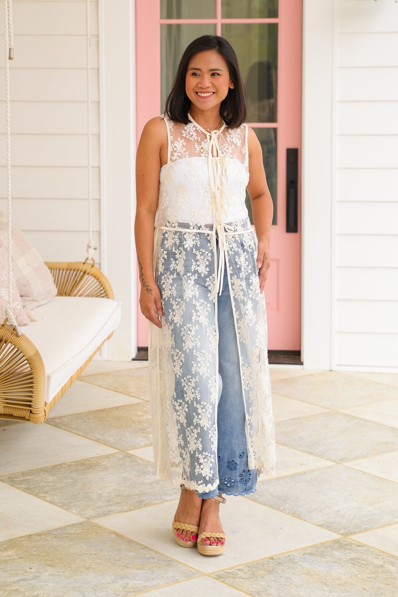Restock! Lace Sleeveless Long Vest with Tie Front Detail