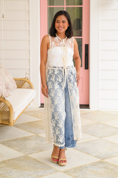 Restock! Lace Sleeveless Long Vest with Tie Front Detail