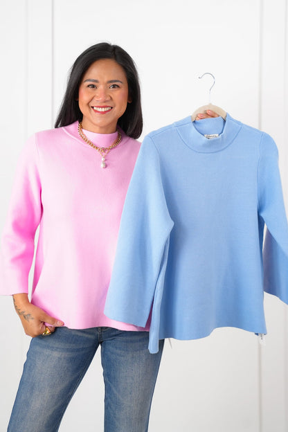 Solid 3/4 Bell Sleeve Mock Neck Knit Top