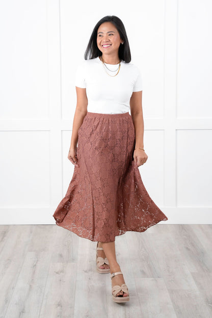Floral Lace Elastic Waist Midi Skirt