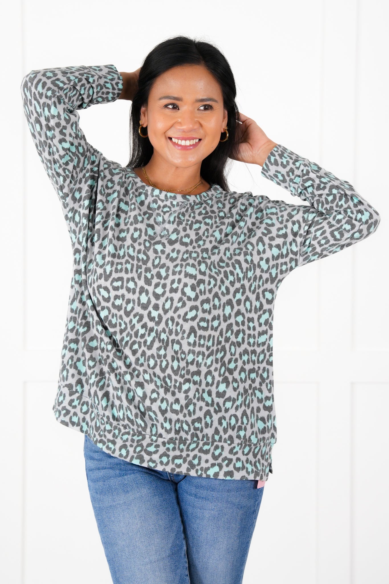 Plus/Reg Grey And Mint Leopard Long Sleeve Pullover Top