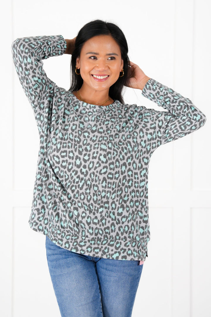 Plus/Reg Grey And Mint Leopard Long Sleeve Pullover Top