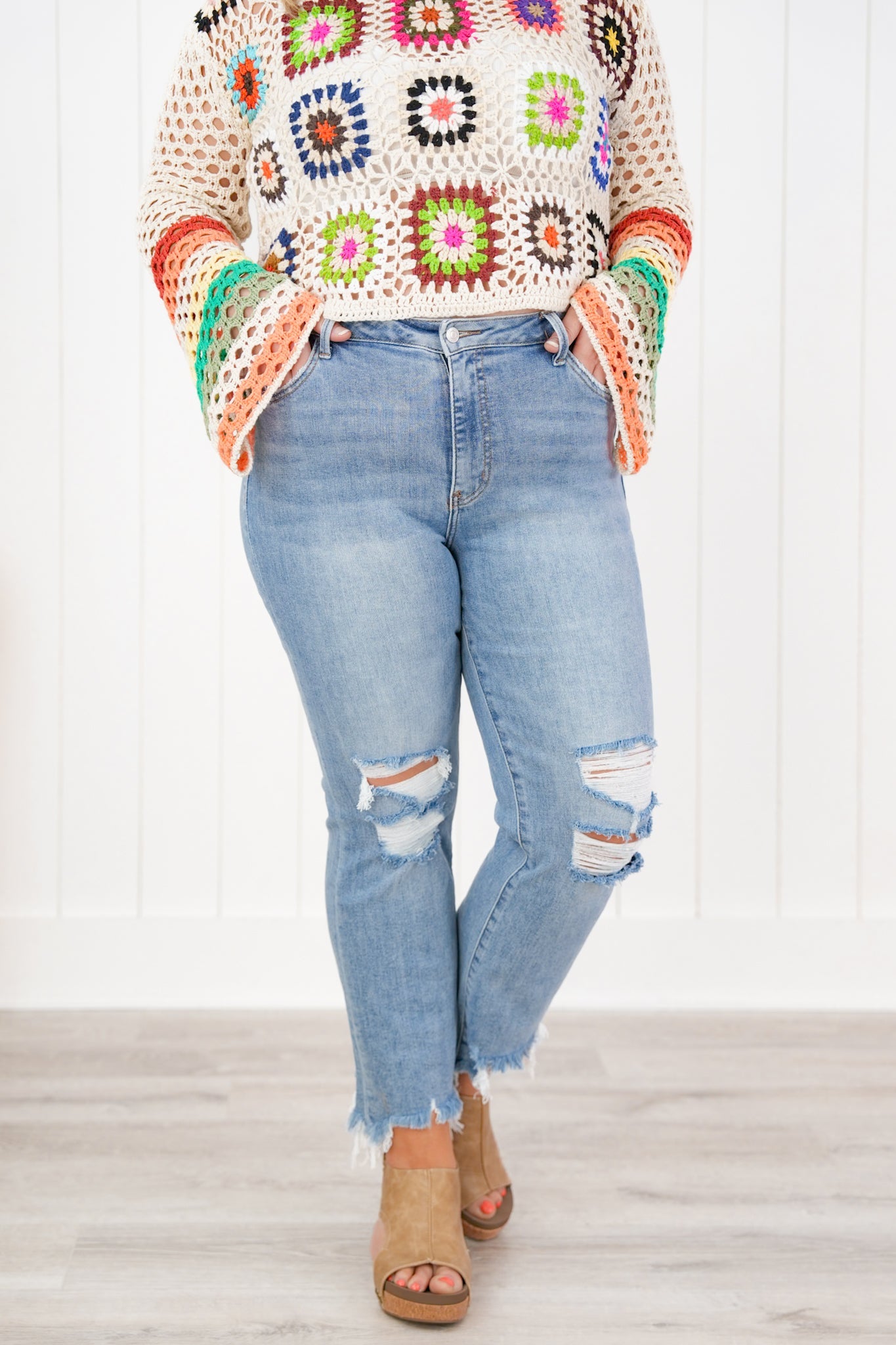 Lovervet High Rise Medium Wash Distressed Cropped Flare Jeans