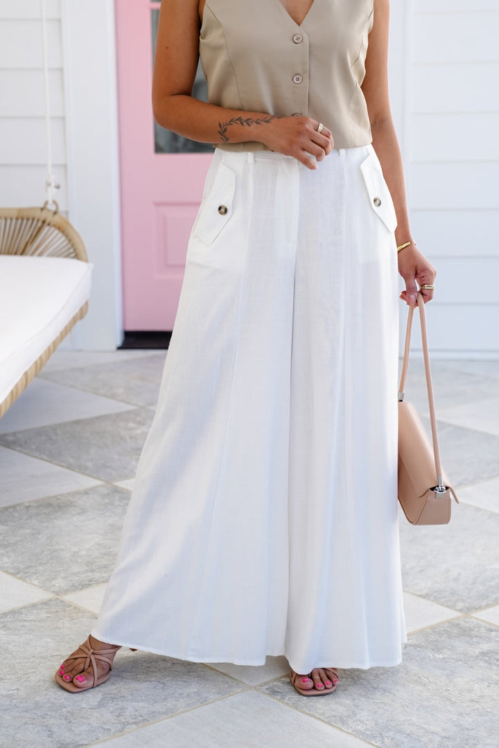 White Linen Blend High Waist Wide Leg Pants