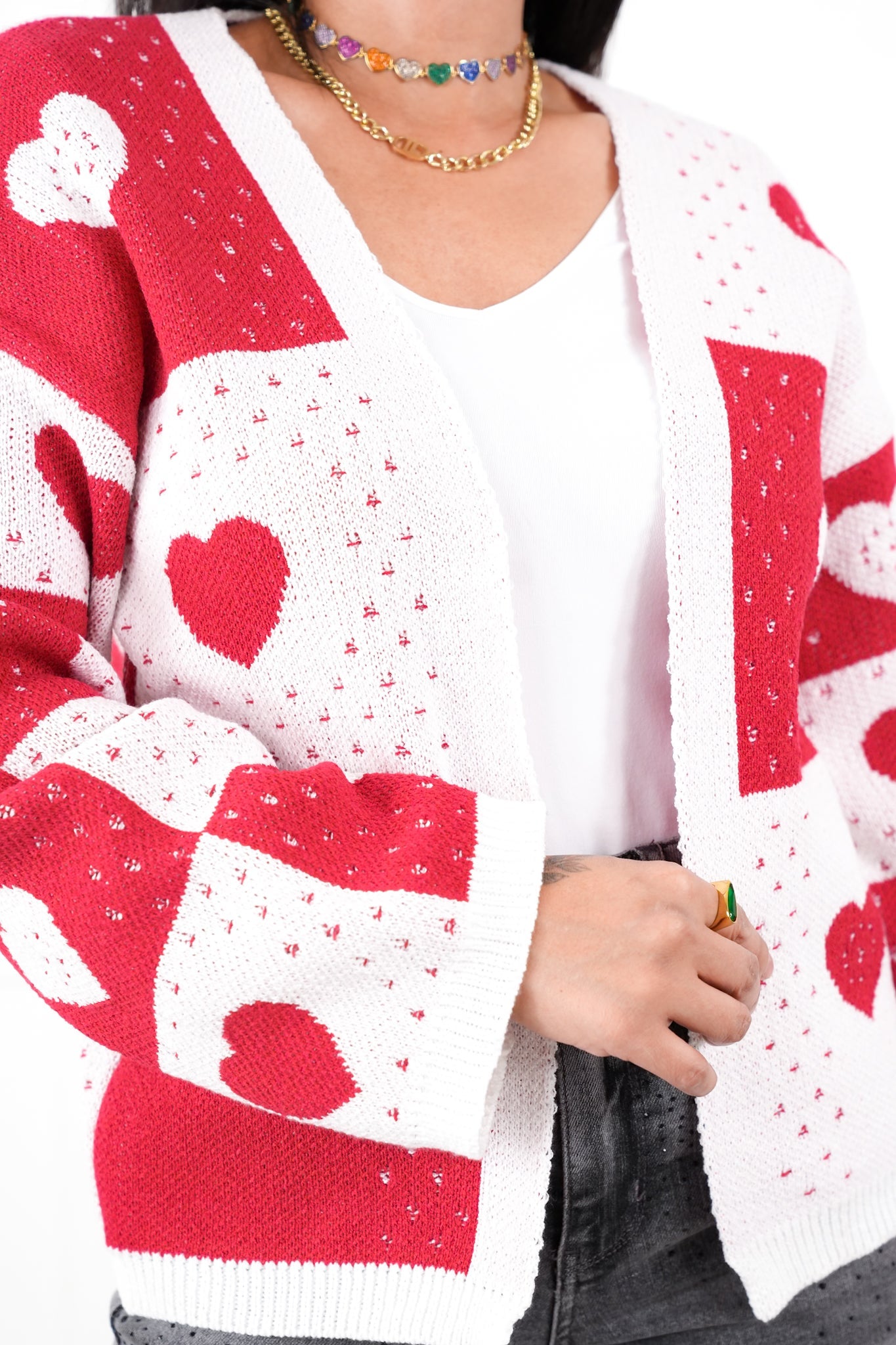 Restock! Heart Print Color Block Long Sleeve Open Cardigan Sweater