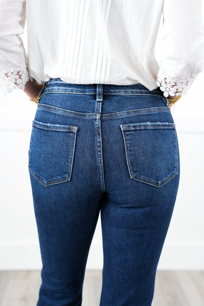 Vervet High Rise Dark Wash Trouser Hem Bootcut Jeans