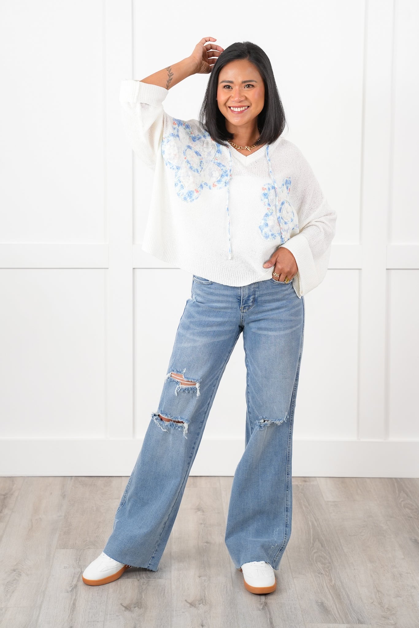 POL Long Sleeve Hooded Sweater with Floral Detail