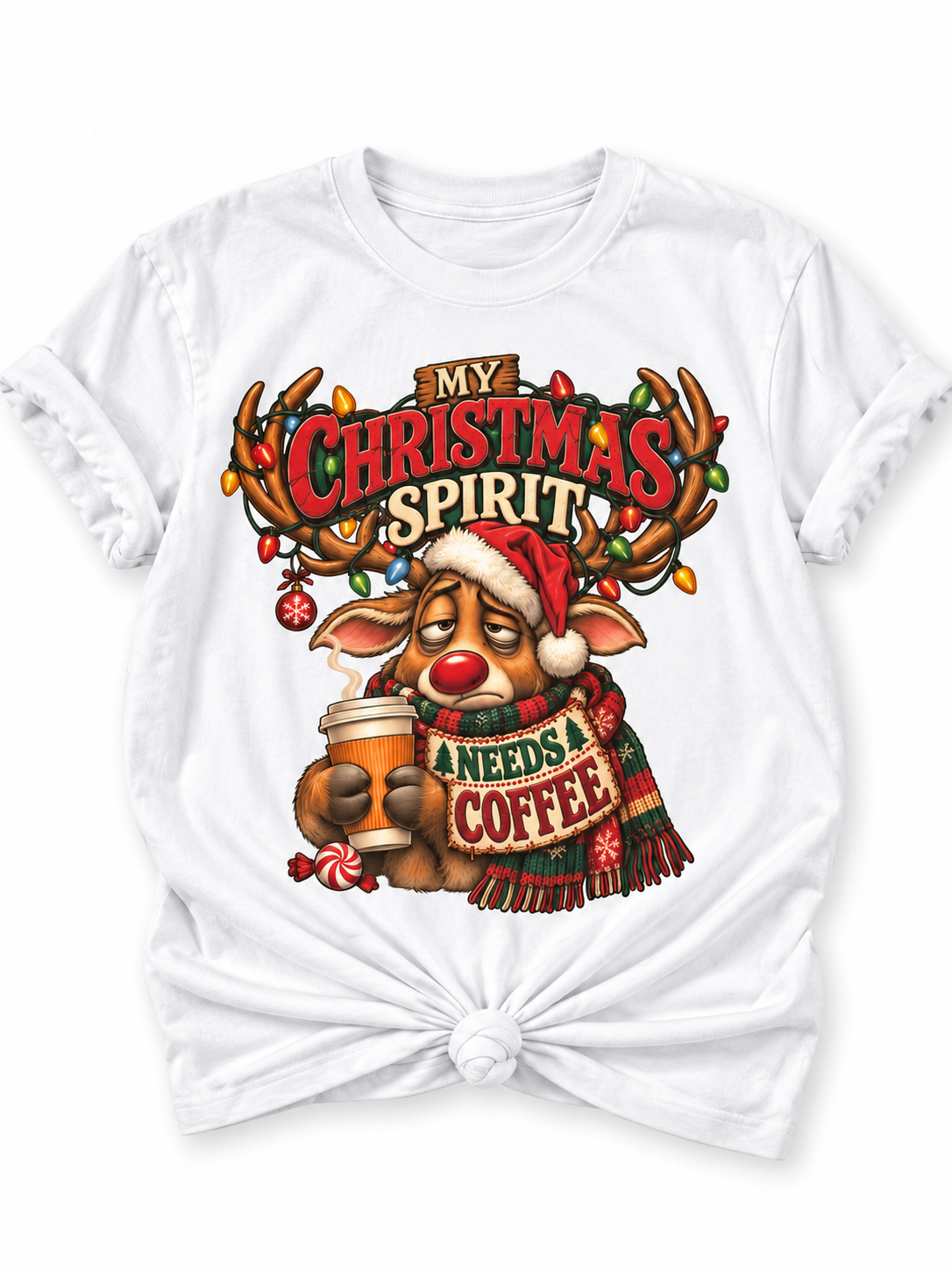 Plus/Reg Short Sleeve My Christmas Spirit Needs a Coffee Reindeer Graphic Tee