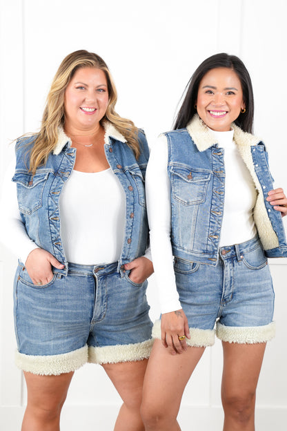 Judy Blue Medium Wash Tummy Control Shearling Cuff Shorts