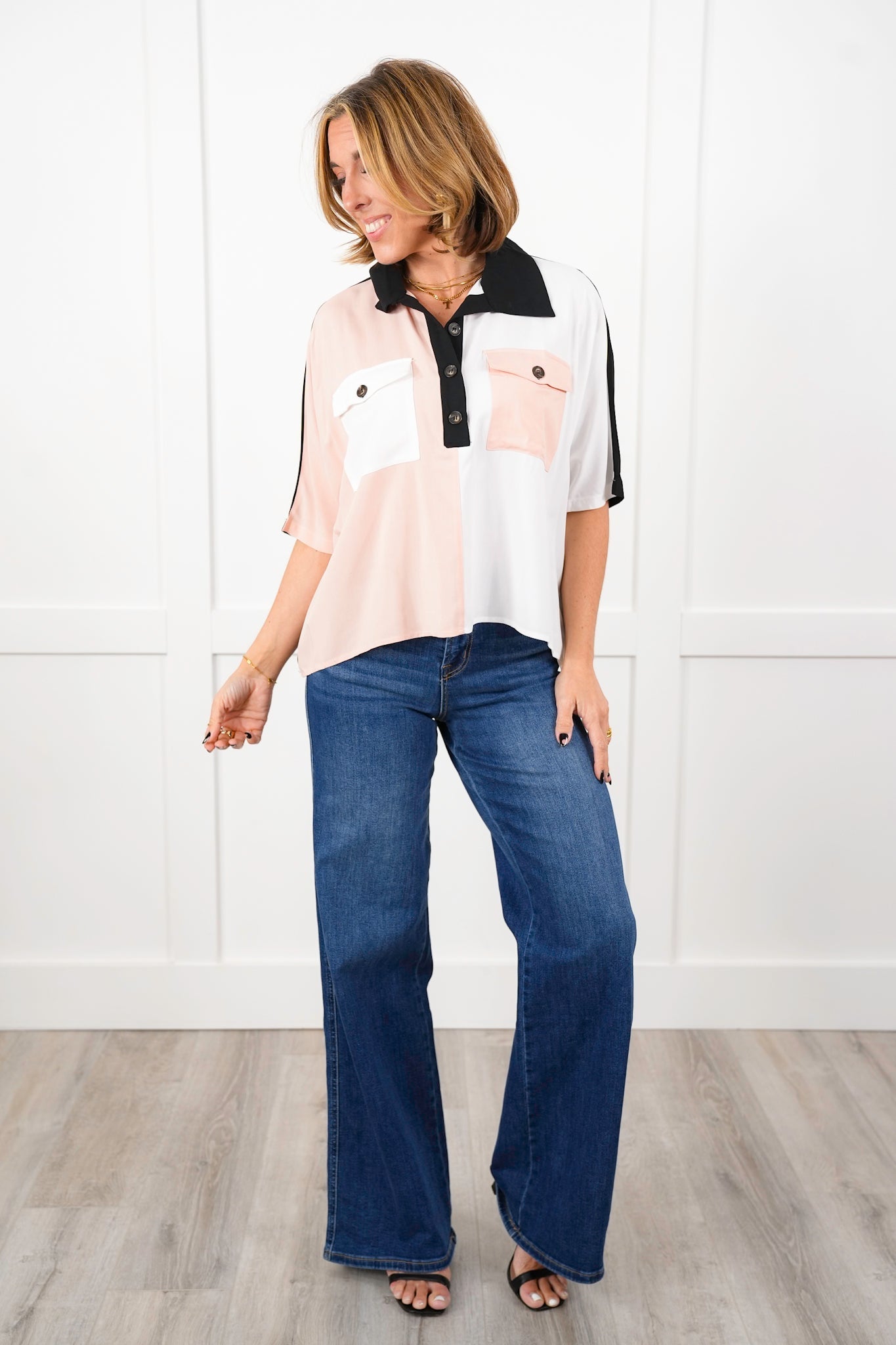 Color Block Short Dolman Sleeve Button Up Top