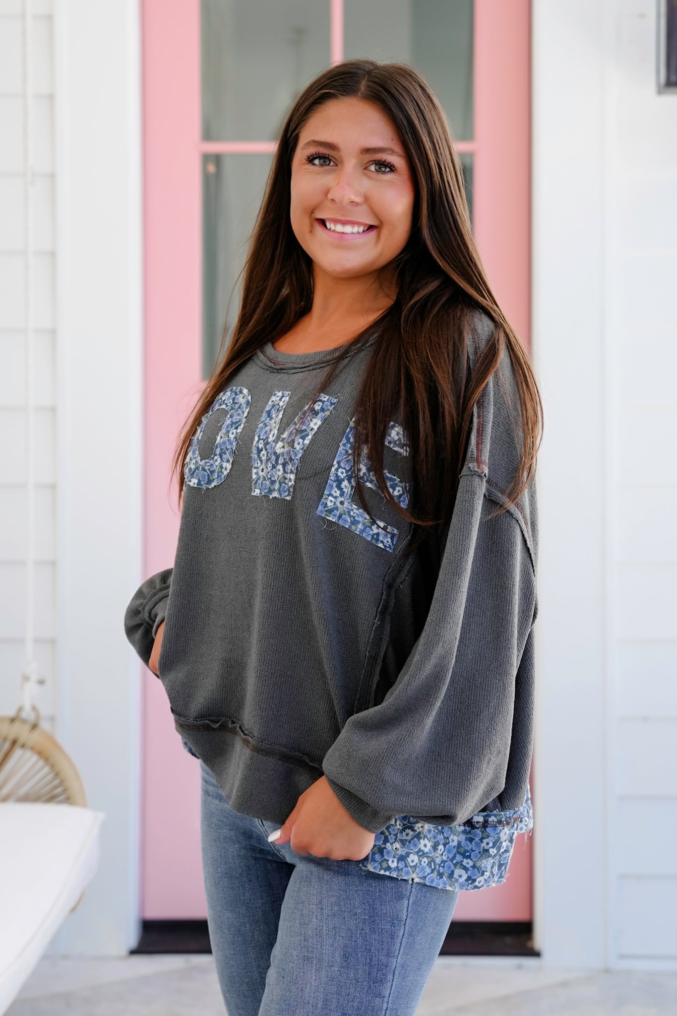 POL Knit Long Sleeve Top with Floral "Love" Patch Detail