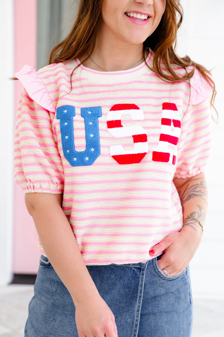 Stripe Short Sleeve "USA" Patchwork Top with Ruffle Detail
