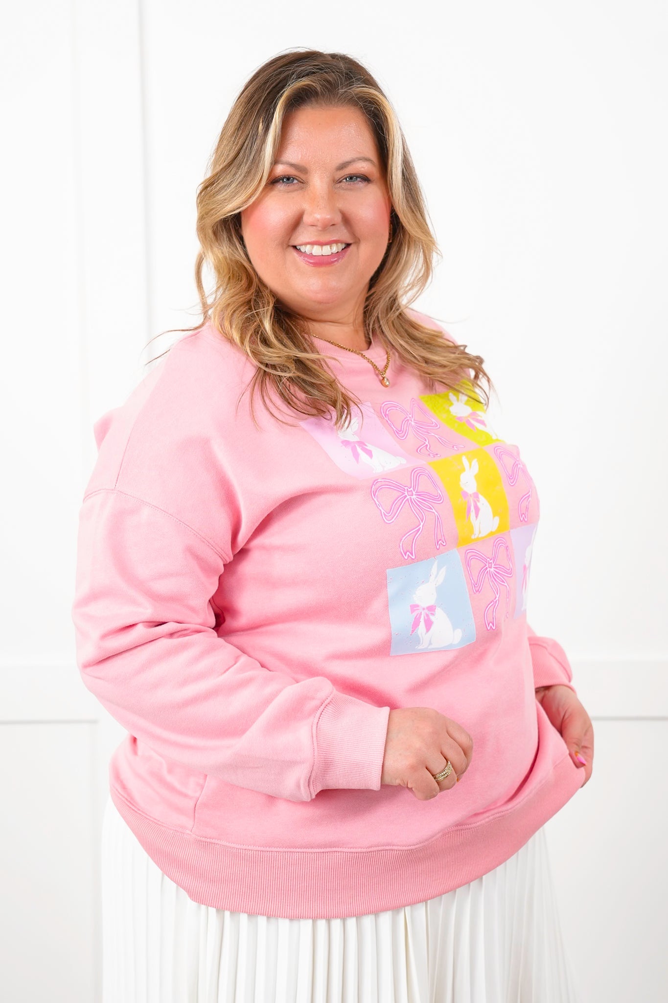 Checkered Bunny and Bows Graphic Long Sleeve Pullover Sweatshirt