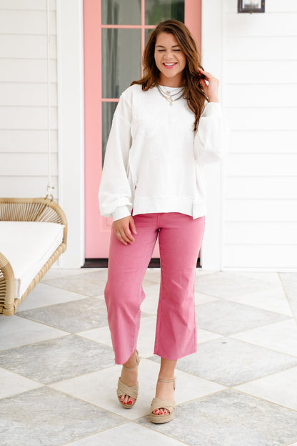 Long Sleeve Pullover Sweatshirt with Lace Bow Detail