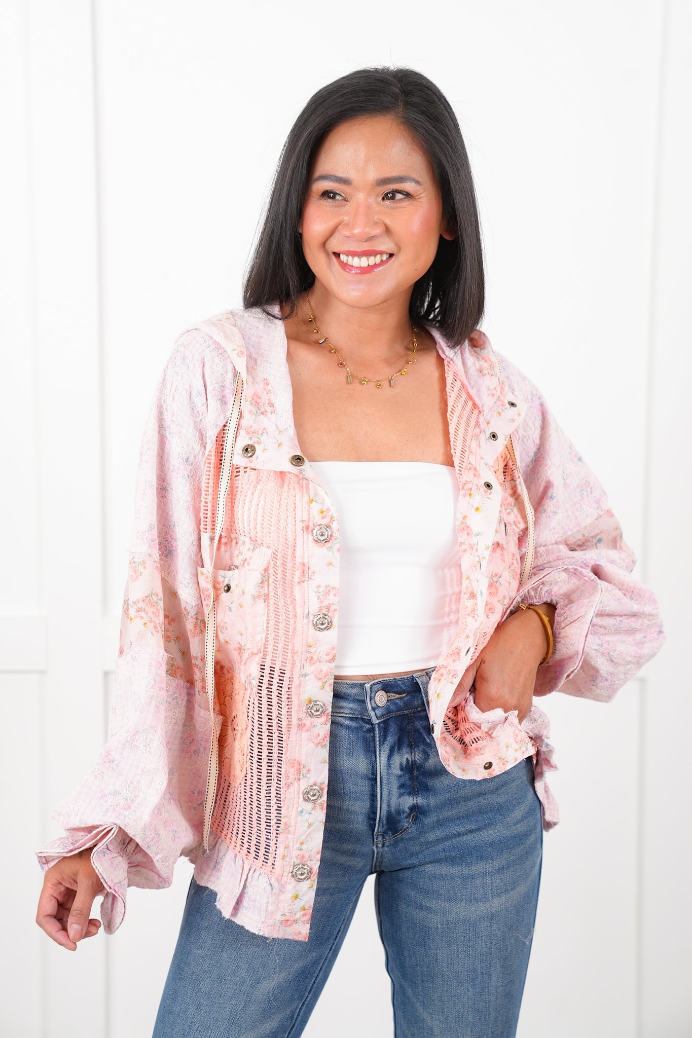 POL Crochet and Floral Long Sleeve Hooded Jacket