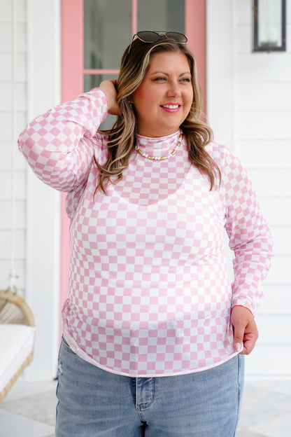 Plus/Reg Checkered Mesh Long Sleeve Mock Neck Top