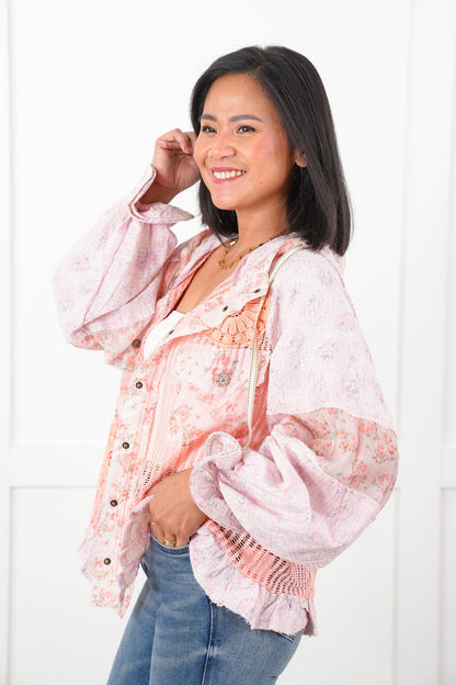 POL Crochet and Floral Long Sleeve Hooded Jacket
