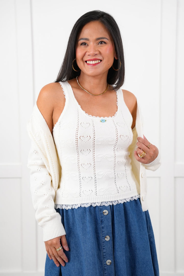 Heart and Bow Pattern Sweater Tank Top with Lace Trim