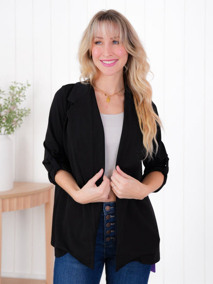 DOOR BUSTER! Plus/Reg Solid Long Sleeve Open Blazer With Side Pockets (Multiple Colors)