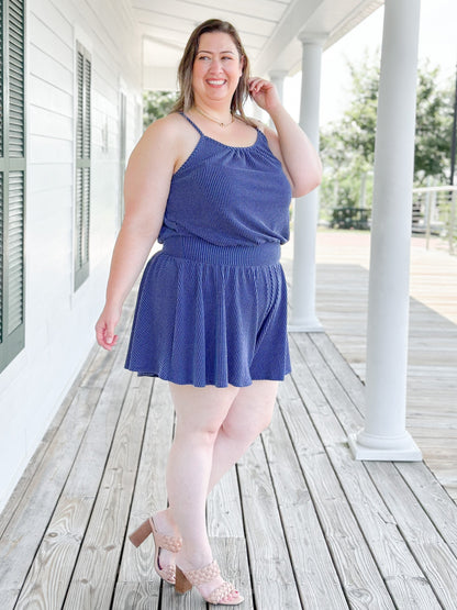 Plus/Reg Sleeveless Rib Knit Romper With Elastic Waist