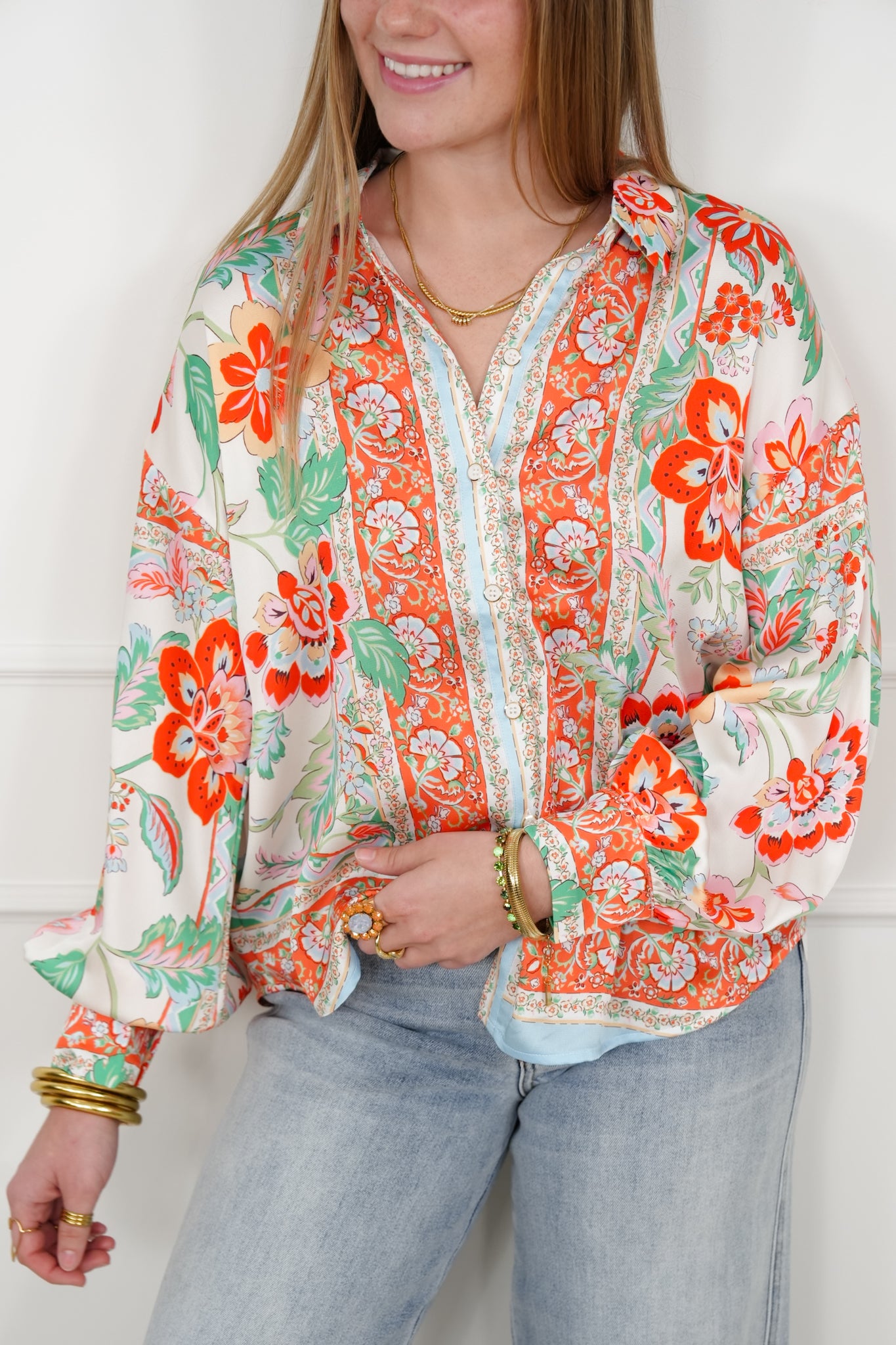 Floral Pattern Long Sleeve Button Up Blouse
