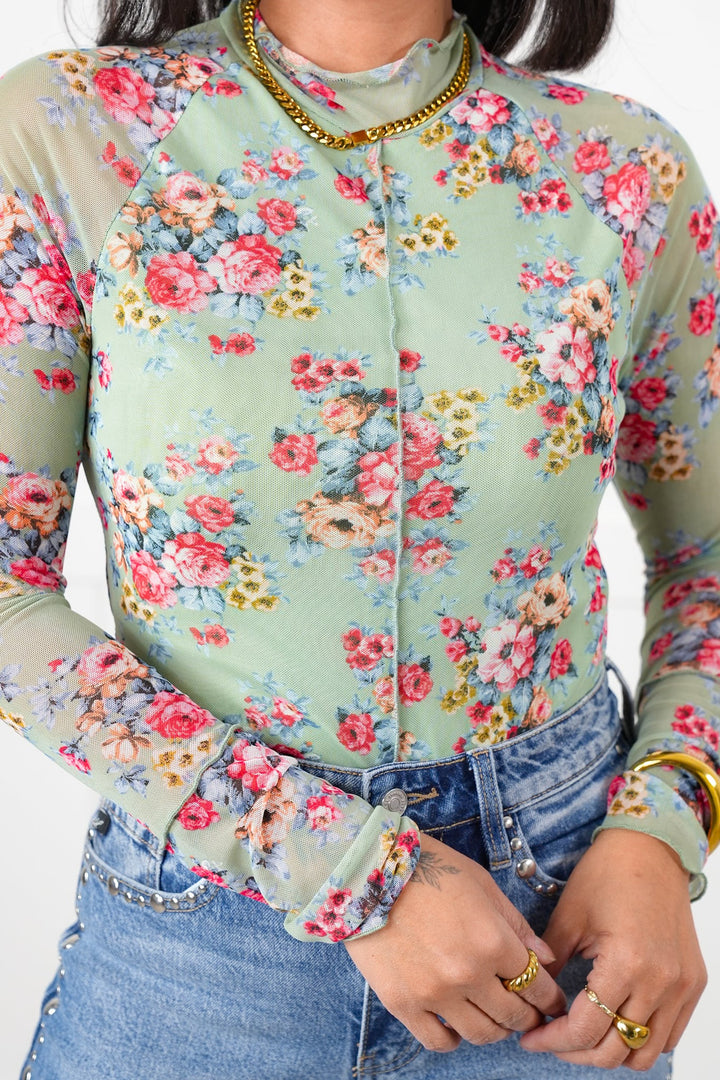 Plus/Reg Floral Print Long Sleeve Mock Neck Mesh Top