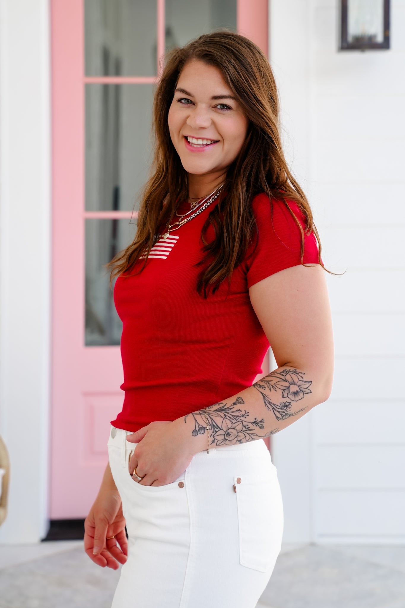 Red Short Sleeve Top with Embroidered American Flag Patch