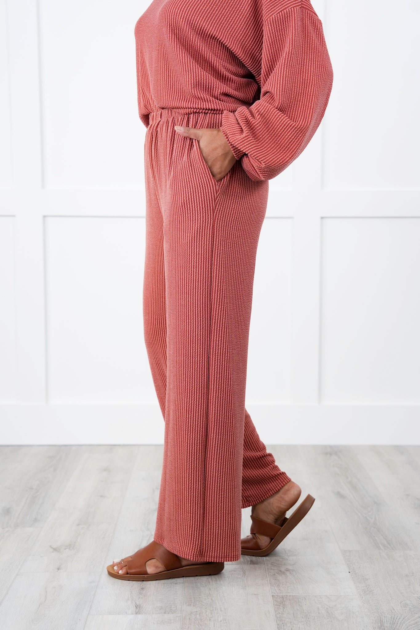 Ribbed Long Sleeve Round Top With Elastic Waistband Lounge Pant Set (Multiple Colors)