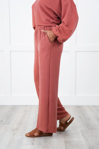 Ribbed Long Sleeve Round Top With Elastic Waistband Lounge Pant Set (Multiple Colors)