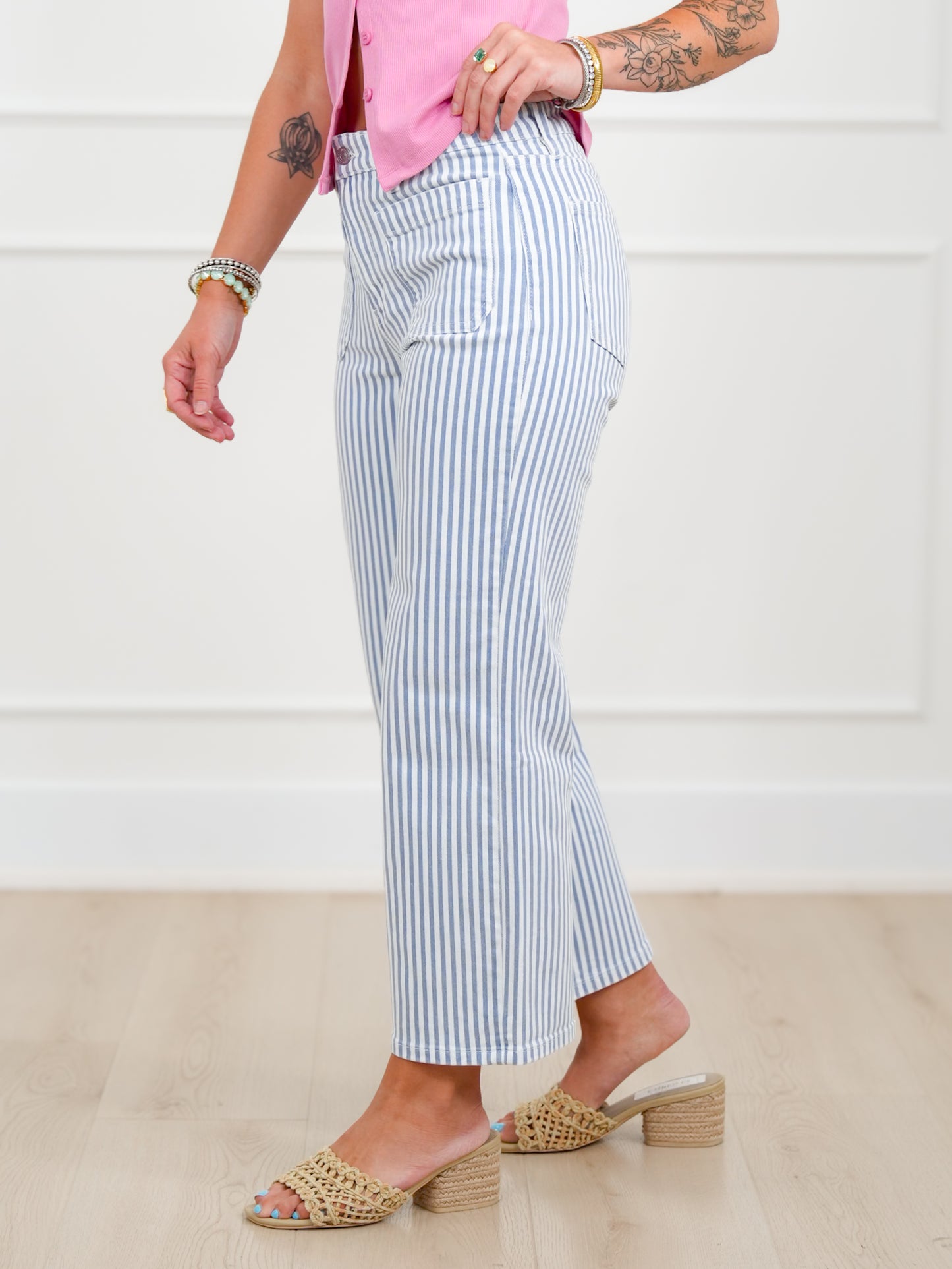 Mica High Rise Blue Striped Cropped Wide Leg Jeans
