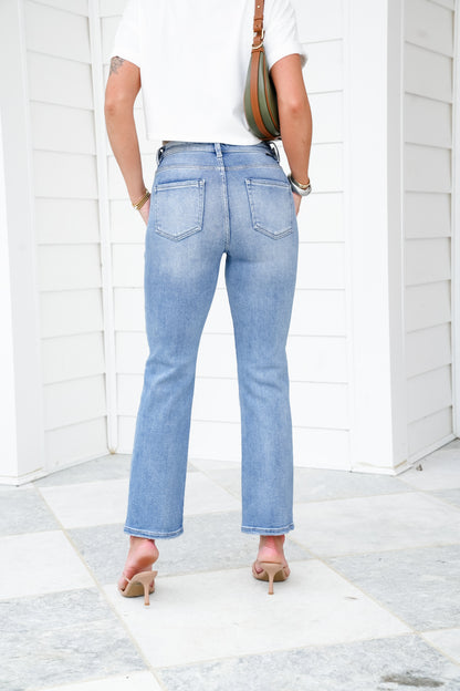 Risen High Rise Medium Wash Tummy Control Ankle Straight Leg Jeans with Adjustable Waistband