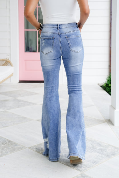 Distressed Denim Flare Jeans with Leopard Detail