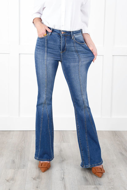 Risen High Rise Dark Wash Flare Jeans with Front Seam Detail